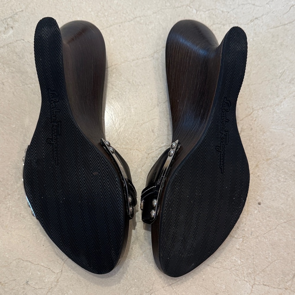 Salvatore Ferragamo Black Leather Wedge Slide Sandals with Silver Accents - Picture 3 of 4